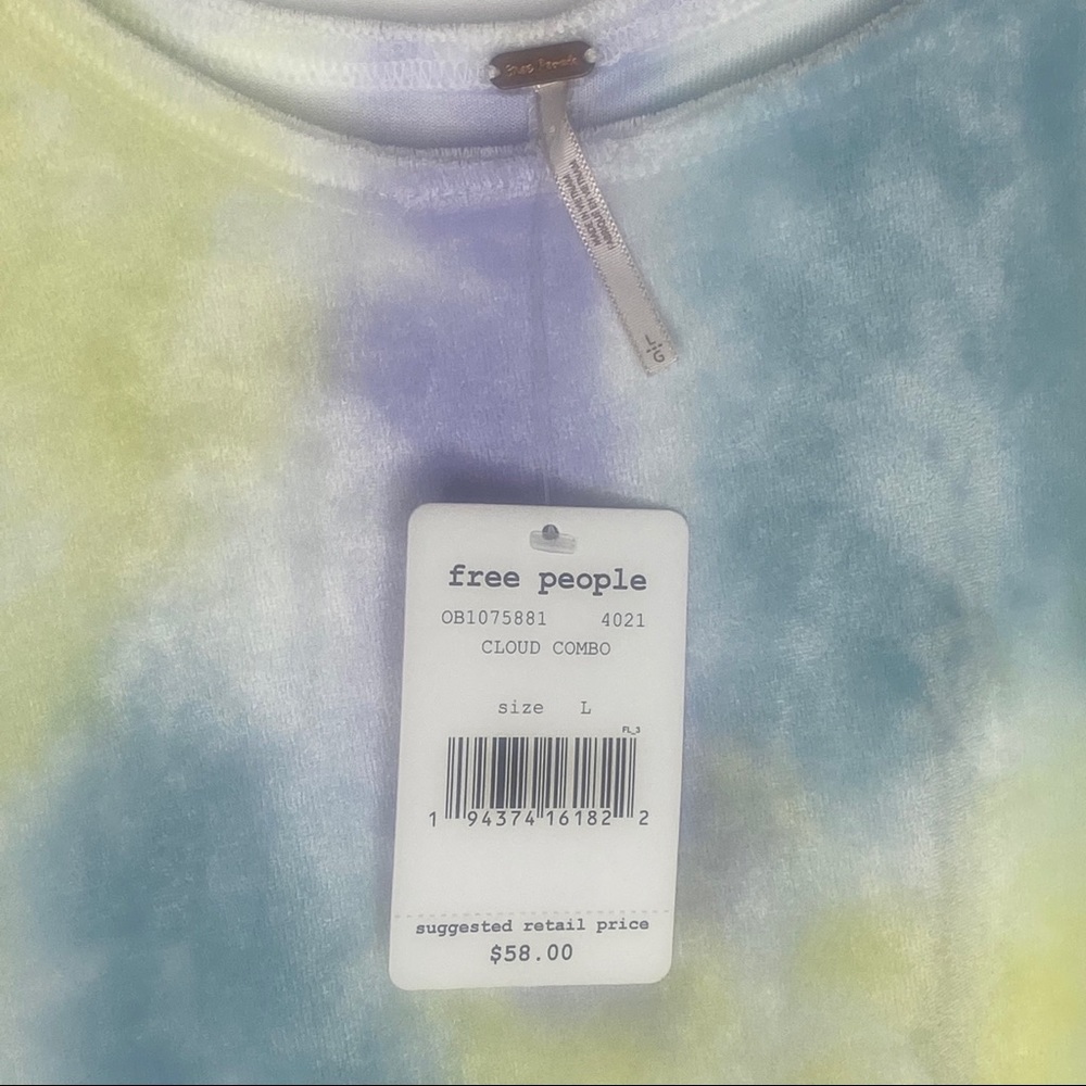 Free People NWT Large Bright Eyes Blue Purple Yellow Velvet Tie Dye T-Shirt - Picture 5 of 5
